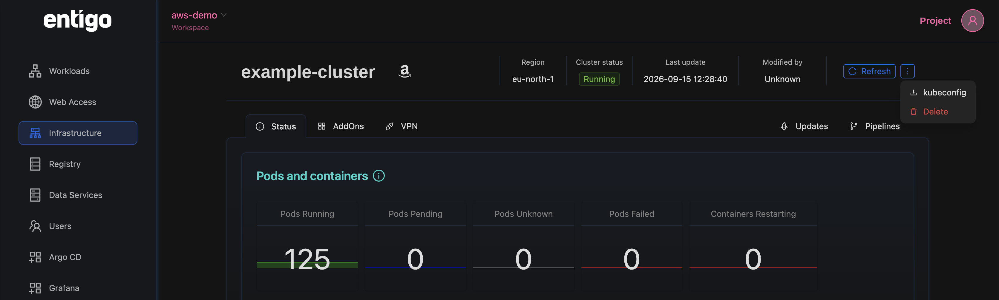Download kubeconfig from the cluster's ⋮ menu